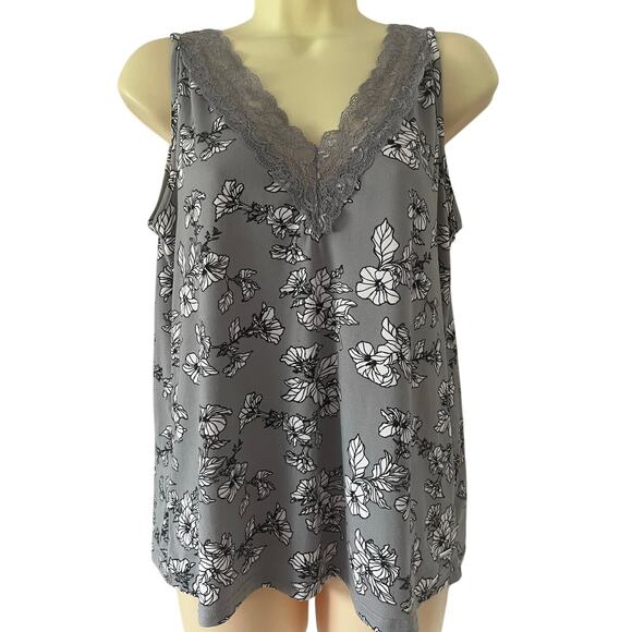 Tahari Gray Floral Print Camisole Sleep Top Lace Woman Size Medium Comfy Stretch - Picture 1 of 9